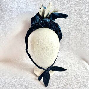 Antique Victorian 1870s 1880s Blue Bonnet with Feathers